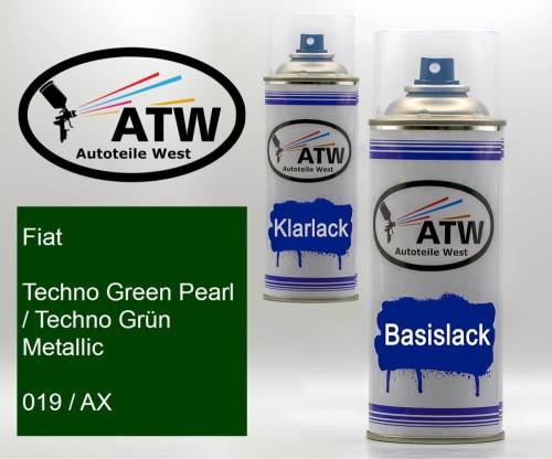 Fiat, Techno Green Pearl / Techno Grün Metallic, 019 / AX: 400ml Sprühdose + 400ml Klarlack - Set, von ATW Autoteile West.